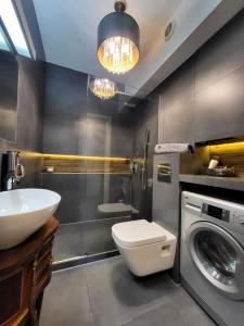 a bathroom with a toilet and a sink and a washing machine at Salwator Apartment - Topolove Rooms & Apartments in Krakow