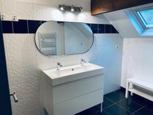 a bathroom with a white sink and a mirror at Appartement cosy au cœur du vignoble - proche Épernay en Champagne in Damery