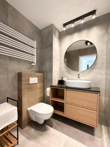 W łazience znajduje się umywalka, toaleta i lustro. w obiekcie Aparthotel Weissa 7 w Krakowie