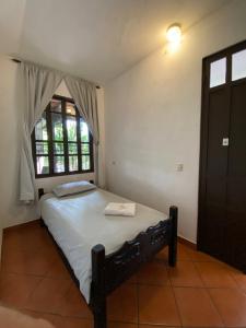 1 dormitorio con 1 cama grande y ventana en Mikaso Hotel, en San Pedro La Laguna