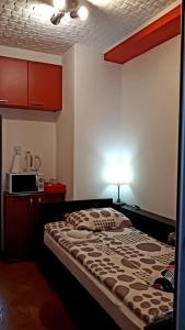 um quarto com uma cama com um candeeiro em Dody apartmani em Leskovac