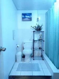 y baño blanco con aseo y ducha. en Linda habitación cerca al mar, en Lima
