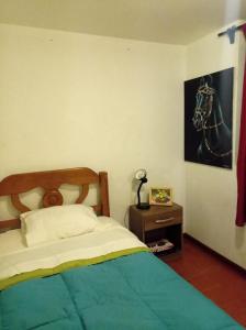 1 dormitorio con 1 cama y una foto de un caballo en la pared en Linda habitación cerca al mar, en Lima