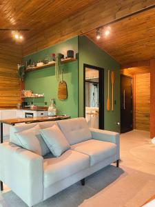 uma sala de estar com um sofá e uma cozinha em Cabana equipada em meio à natureza em Pomerode em Pomerode