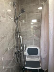 een douche met een stoel in de badkamer bij Vista Inn in Clayton