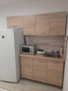 uma cozinha com um micro-ondas, um lavatório e um frigorífico em Gábor - lak em Miskolc