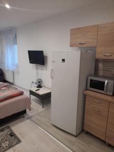 a kitchen with a refrigerator and a microwave at Gábor - lak in Miskolc