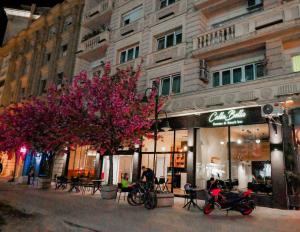 una tienda en una calle de la ciudad con árboles frente a un edificio en Calla Bella Rooms & Snack Bar en Skopie