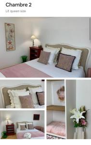 eine Collage mit Bildern eines Schlafzimmers mit einem Bett in der Unterkunft Maison Lily en Provence - Gonfaron - 4ch in Gonfaron