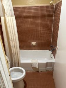 a bathroom with a toilet and a tub and a sink at Economy Inn - Cullman in Cullman