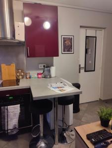 eine Küche mit einer Theke mit Hockern in der Unterkunft Studio cosy, *Fibre *smart TV in Villeurbanne