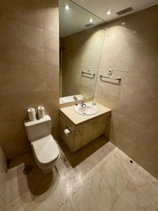 La salle de bains est pourvue de toilettes, d'un lavabo et d'un miroir. dans l'établissement Hotelly Atocha, à Madrid