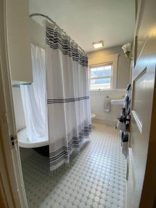 uma casa de banho com um chuveiro, uma banheira e um lavatório. em Historic Downtown Riverview Flat, No. 4 em Astoria