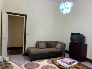 Beautiful apartment in the heart of cairo في القاهرة: غرفة معيشة مع أريكة وتلفزيون