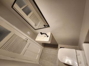 La salle de bains est pourvue de toilettes, d'un lavabo et d'un miroir. dans l'établissement Apartamento Modernizado, à Rio de Janeiro