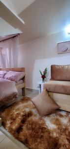 een slaapkamer met 2 bedden met kussens en een tapijt bij Orchid Gardens; Studio Apartment, minimalist in Kampala