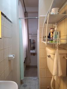 een kleine badkamer met een toilet en een douche bij Orchid Gardens; Studio Apartment, minimalist in Kampala