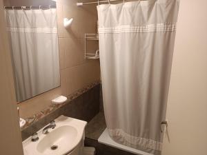 ein Badezimmer mit Duschvorhang und Waschbecken in der Unterkunft Las Heras 361 in San Miguel de Tucumán