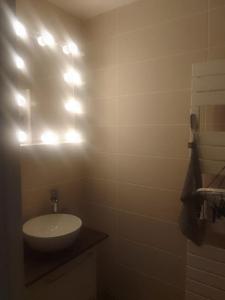 baño con lavabo y luces en la pared en Studio à 15 min du stade de France et de la gare du Nord, en Sarcelles