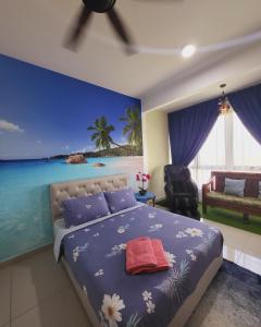 a bedroom with a bed with a painting of the ocean at Bali Residence Impian Raudah in Melaka +37 photos