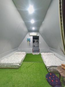 een kamer met 2 bedden en een groen tapijt bij Homestay Hang Câu in An Vĩnh Phướng