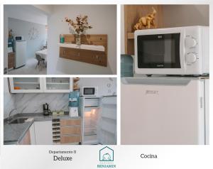 a collage of four pictures of a kitchen with a tv at DEPARTAMENTO BENJAMIN in San Rafael