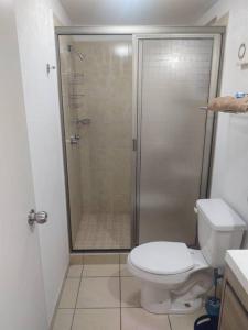 ein Badezimmer mit Dusche, Toilette und Waschbecken in der Unterkunft Departamento con Alberca in Valente Díaz y La Loma