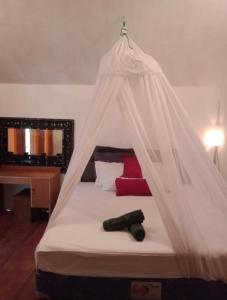 ein Schlafzimmer mit einem Himmelbett und roten Kissen in der Unterkunft Whynot Bar and Bungalows #01 in Pawenang