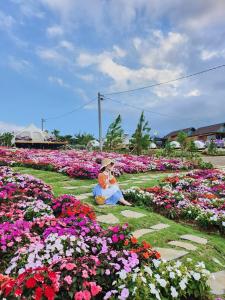 a woman sitting in a field of flowers at La Fleur Glamping in Minrong Sekang