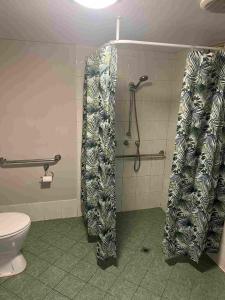 a bathroom with a shower curtain and a toilet at Heritage Resort Shark Bay in Denham