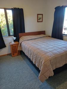 ハンマー・スプリングスにある54 Conical Hill Roadのベッドルーム1室(青いカーテン付きのベッド1台付)