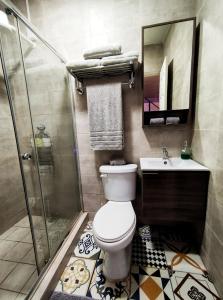ein Bad mit einer Dusche, einem WC und einem Waschbecken in der Unterkunft Loft Studio By Paradox in Panama-Stadt