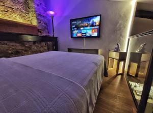 Schlafzimmer mit einem Bett und einem Flachbild-TV in der Unterkunft Loft Studio By Paradox in Panama-Stadt