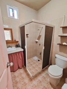 La salle de bains est pourvue d'une douche, de toilettes et d'un lavabo. dans l'établissement Casa Coloradita/Cozy colorful flat with Starlink, à Holbox