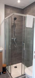 um chuveiro com uma porta de vidro na casa de banho em La maisonnette cherbourgeoise em Cherbourg en Cotentin