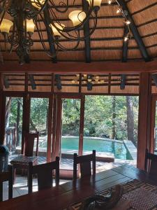 哈玆維尤的住宿－Dreamy 3 bedroom villa on the edge of the Sabie River in Kruger Park Lodge，一间设有桌子并享有游泳池景致的用餐室