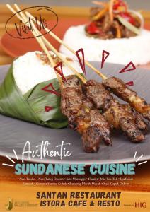 a flyer for a restaurant with meat skewers and a cake at Jatiluhur Valley Resort in Purwakarta