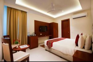 Habitación de hotel con cama y TV en HOTEL AIRPORT PALACE, en Nueva Delhi