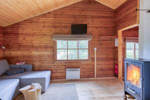 ein Wohnzimmer mit einem Sofa und einem Kamin in der Unterkunft Pinetree Cottages Log cabin in Pyhäranta