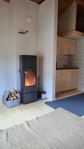 a living room with a fireplace and a kitchen at Pinetree Cottages Log cabin in Pyhäranta