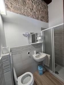 La salle de bains est pourvue de toilettes, d'un lavabo et d'une douche. dans l'établissement La Fattoria dei Sibillini, à Montemonaco