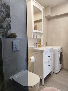 a bathroom with a toilet and a sink and a washing machine at Apartments Vodaric in Cres