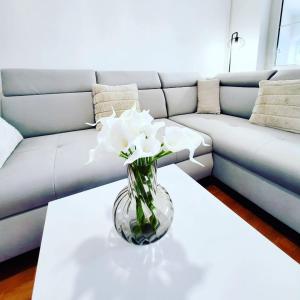 a vase of flowers on a table in front of a couch at Malinsummer Apartments in Malinska