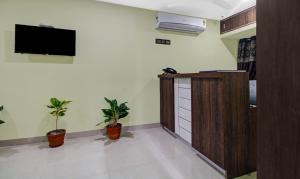 a room with two potted plants and a tv on the wall at Hotel Park Central in Kolkata