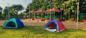 duas tendas sentadas na relva num parque em Mahuli Agro Tourism em Mansar
