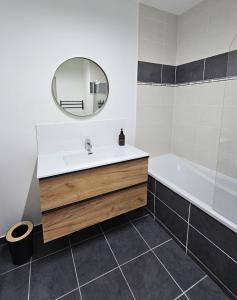 uma casa de banho com um lavatório, uma banheira e um espelho. em Superbe Apt 2 ch, terrasse, WIFI, parking gratuit em Toulouse