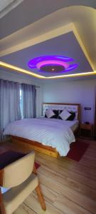 - une chambre avec un grand lit et un plafond violet dans l'établissement Paradise Point Hotel & Restro, à Darjeeling
