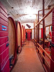 un pasillo con una fila de barriles de vino en una habitación en Historical Wine Retreat - 5 min drive from Tirano en Villa di Tirano