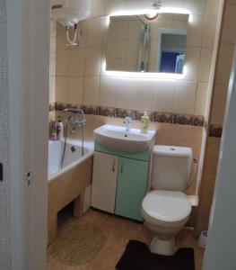 a bathroom with a toilet and a sink and a mirror at Smart Apartment на Соборной 23 in Kremenchuk
