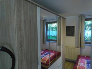 Un dormitorio con una mampara de cristal y una cama. en Schlafende Hexe, en Bischofswiesen